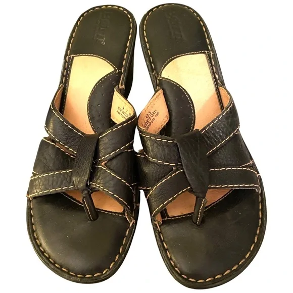 Born Women’s Sandals Size 9 Leather Black Brown Wedge Slip On - Picture 3 of 7